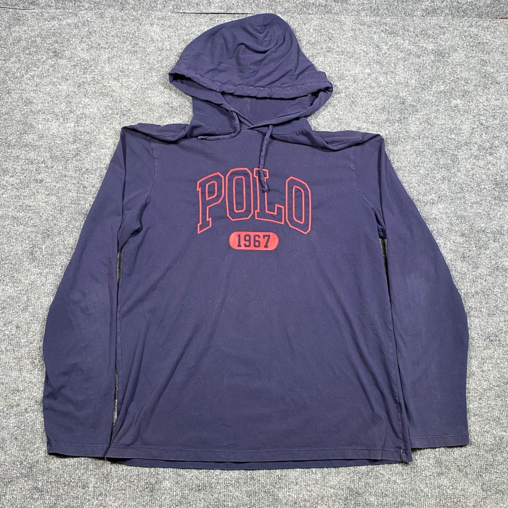 Polo Ralph Lauren Mens Navy Blue 1967 Graphic Hooded Long Sleeve T-Shirt Size L‎